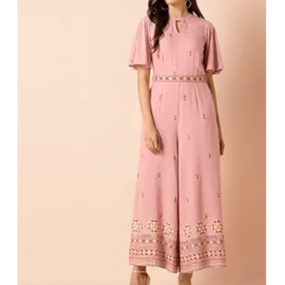 Indya Peach Belted Flared Sleeve Jumpsuit – Indian Print